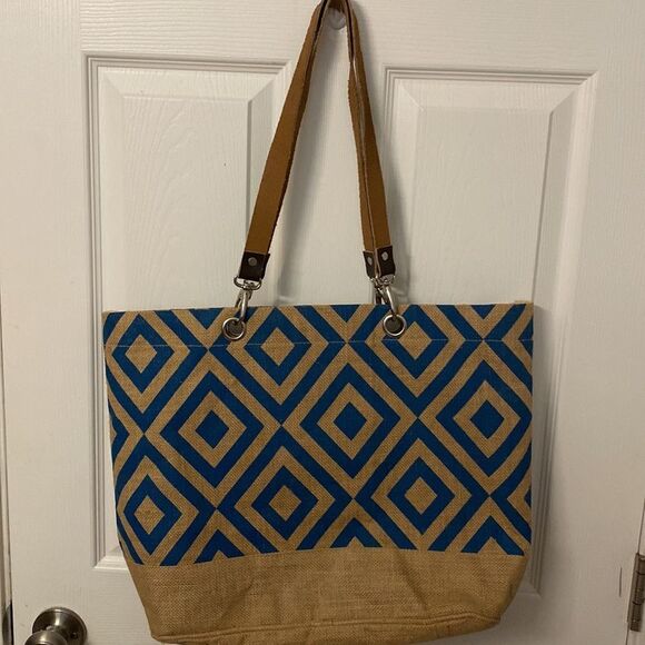 Blue and tan burlap type tote bag - Picture 1 of 6
